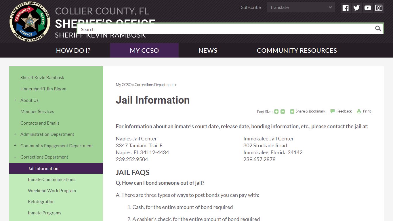 Corrections / Jail Information | Collier County, FL Sheriff